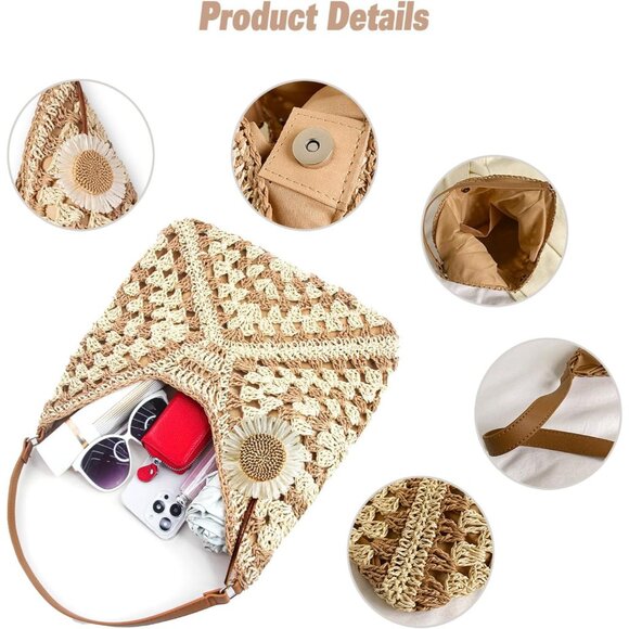Women's Khaki Straw Beach Bag Vintage Hobo Shoulder Tote Summer Bag for Travel - Picture 3 of 5